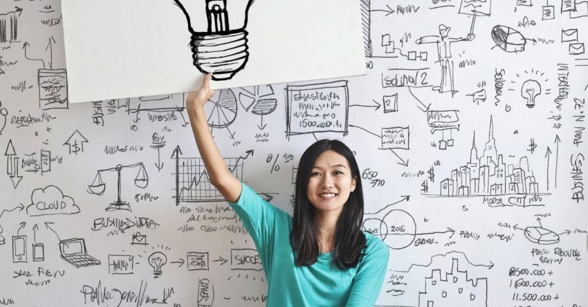 Ideas - Woman Draw a Light bulb in White Board